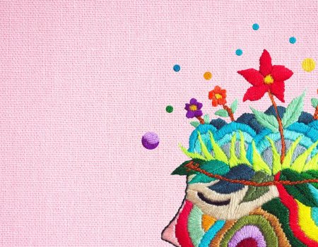 human flower head grow bloom blossom in nature abstract mind mental health spiritual brain imagine inspiring therapy meditation healing art illustration hand embroidery surreal fantasy digital collage
